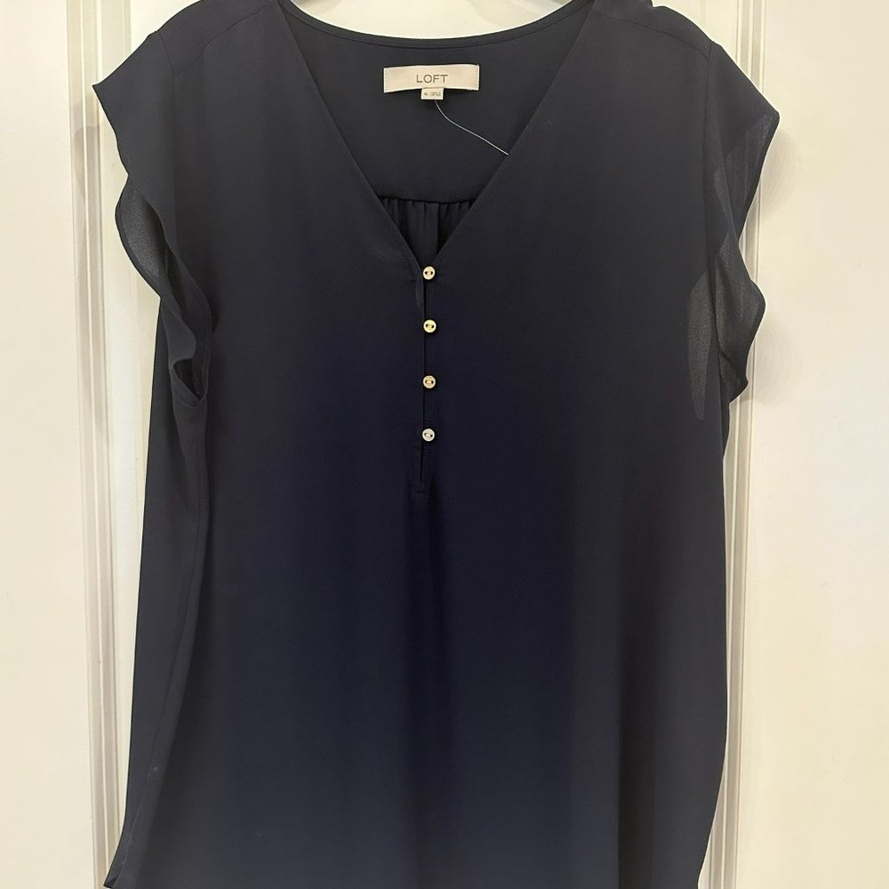 LOFT Navy Flutter Sleeve Blouse, Size XL